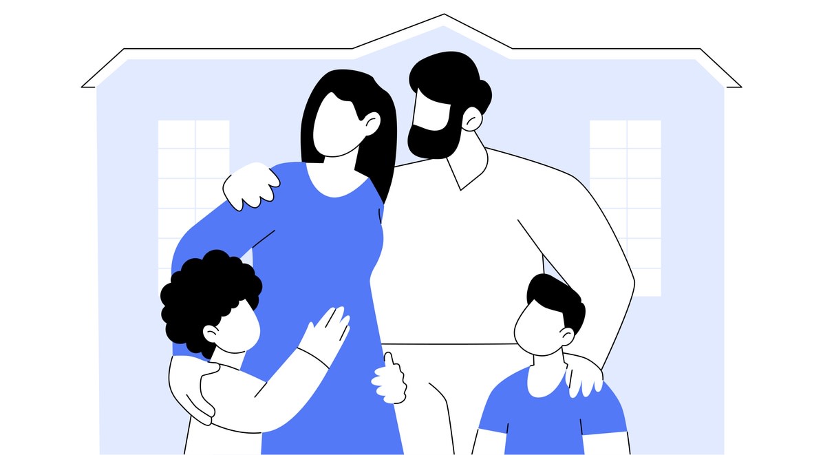Graphic representing student dependants, with a mother and father embracing their young children while stood outside their house