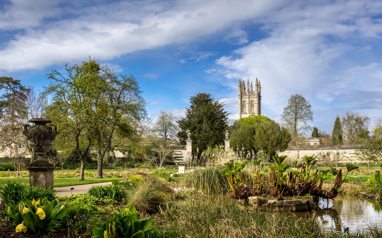 The manicured lawns, verdant greenery, and clear paths and ponds of Oxford Botanic Garden under cloudy blue skies, with a historic building in the distance.