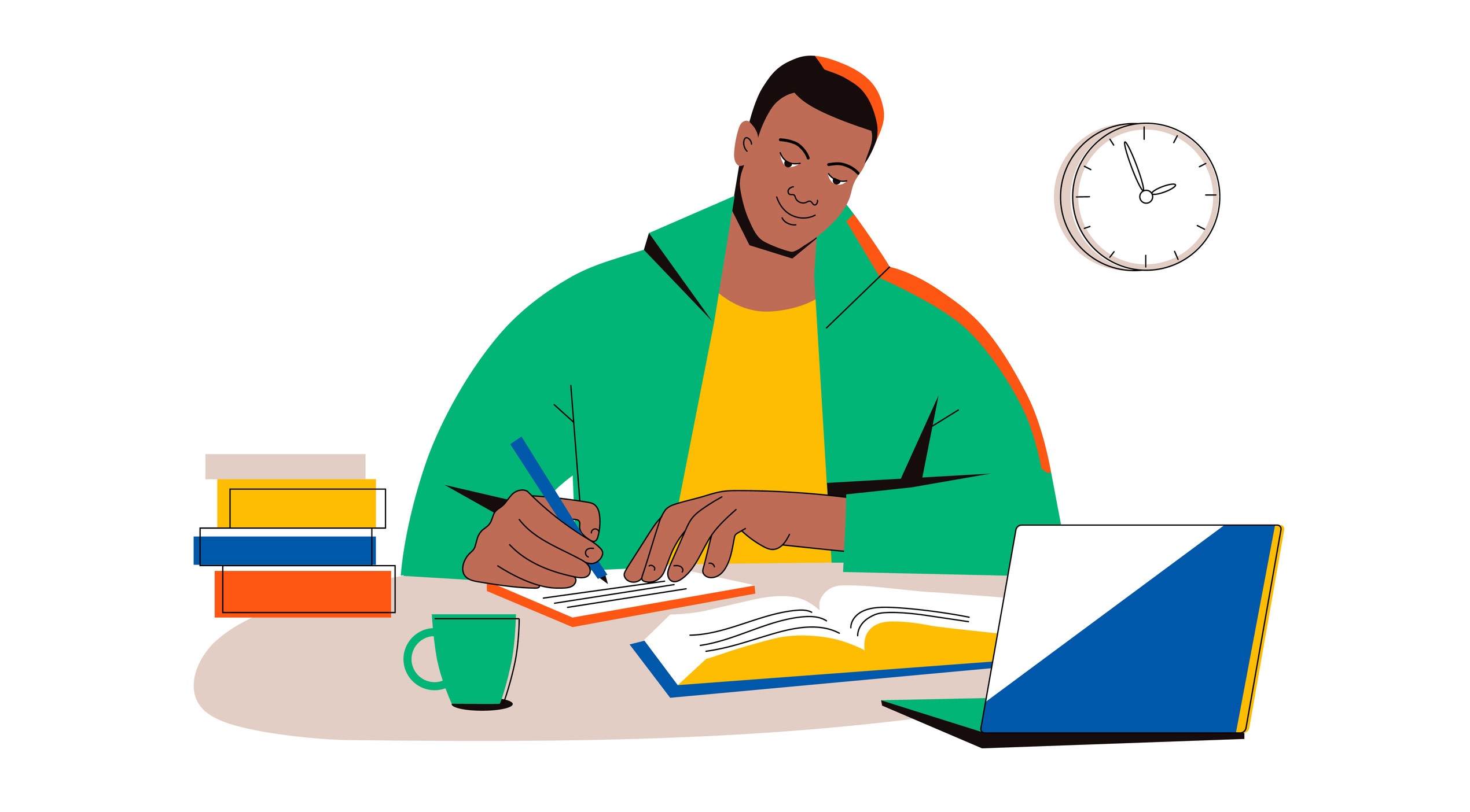 Illustration of a male student smiling while taking notes from a book onto paper. Also on his desk are four books, an open laptop and a cup.