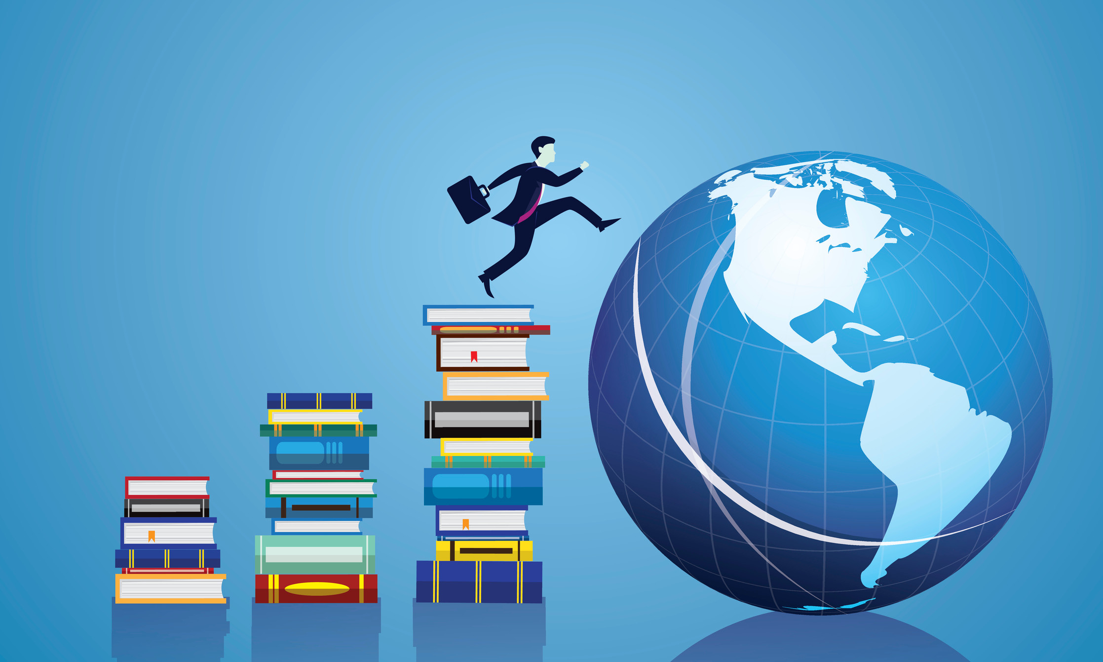 Graphic representing study abroad transfers, in which a student jumps off the end of a staircase made of books onto a globe