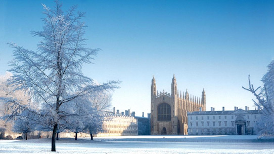 Cambridge university in the snow.
