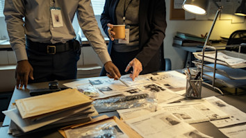 Two investigators pointing at personal information of gang leader 