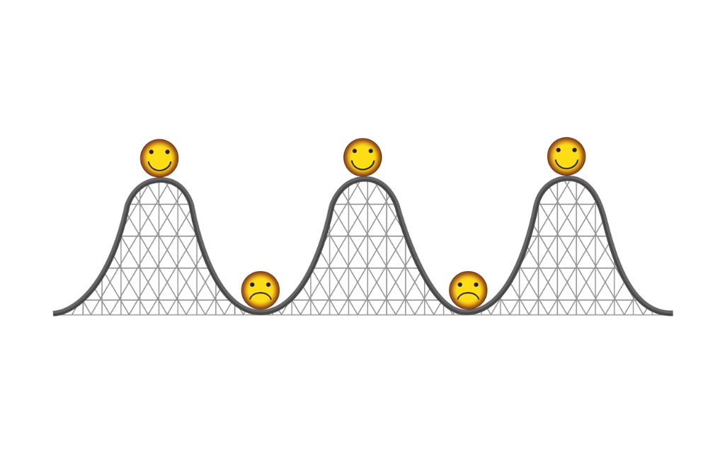 vector image showing rollercoaster with smiling emojis at top of rollercoaster peaks and sad emoji faces at bottom of rollercoaster dips