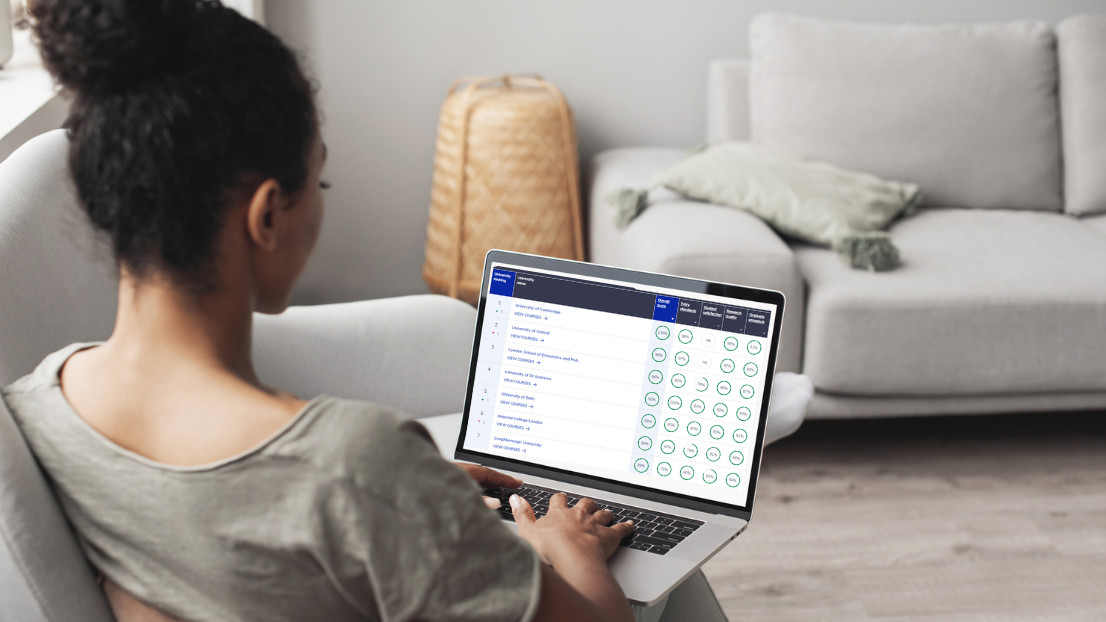 Student using a laptop to look at university league tables.