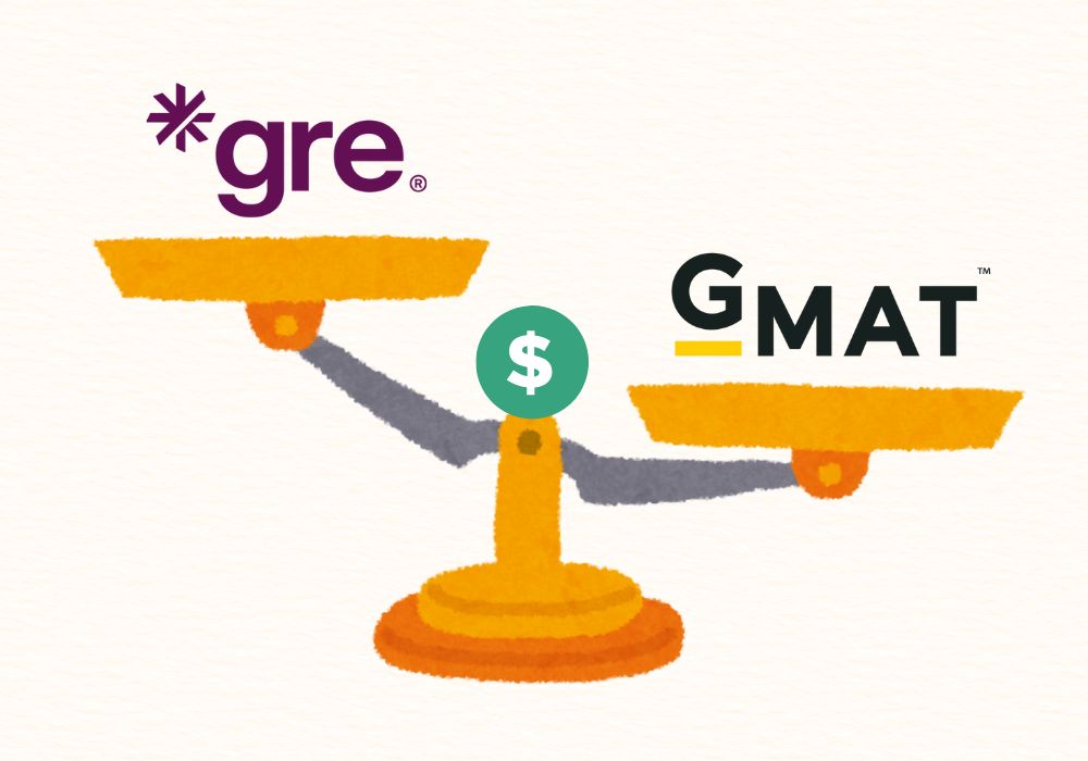 Timbangan yang menunjukkan beban biaya tes GMAT di Indonesia lebih mahal dibanding biaya tes GRE