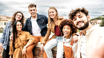 Two university students walking and talking