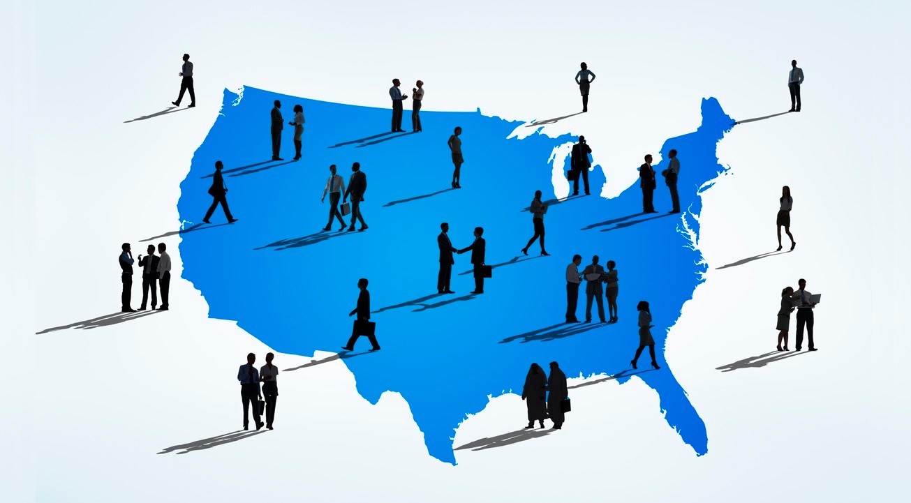 Graphic representing jobs in the USA, with many people walking around a map of the country, talking and doing business in silhouette.