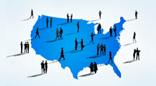 Graphic representing jobs in the USA, with many people walking around a map of the country, talking and doing business in silhouette.