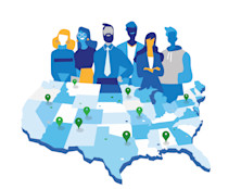 Graphic representing jobs in the USA, with five people stood beside a map of America divided into states, upon which several map pins identify different cities.