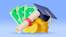 Graphic representing tuition fees in the USA, with a degree certificate placed in front of a pile of coins on which a graduation cap rests. To the left of this are three dollar bills