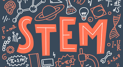 Graphic representing STEM, with the word itself surrounded by various icons of the field, including mathematical formulae and scientific equipment