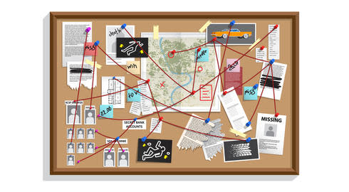 Graphic of an evidence board on which various items are tied together in an effort to solve a crime. These include a map, a missing poster and two chalk outlines of bodies