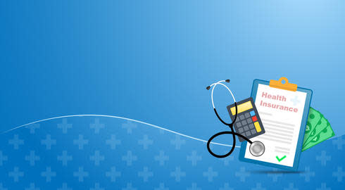 Graphic representing health insurance, featuring a clipboard, dollar bills, a calculator and a stethoscope