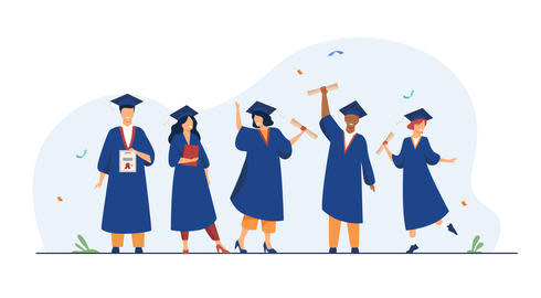 A diverse group of five male and female students celebrate their graduation in caps and gowns while holding their diplomas