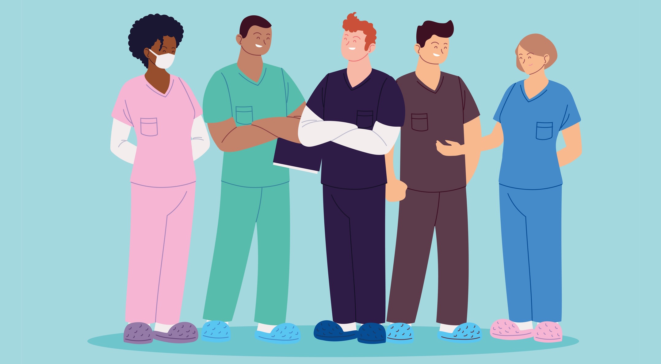 Graphic of five male and female nurses standing, talking and smiling