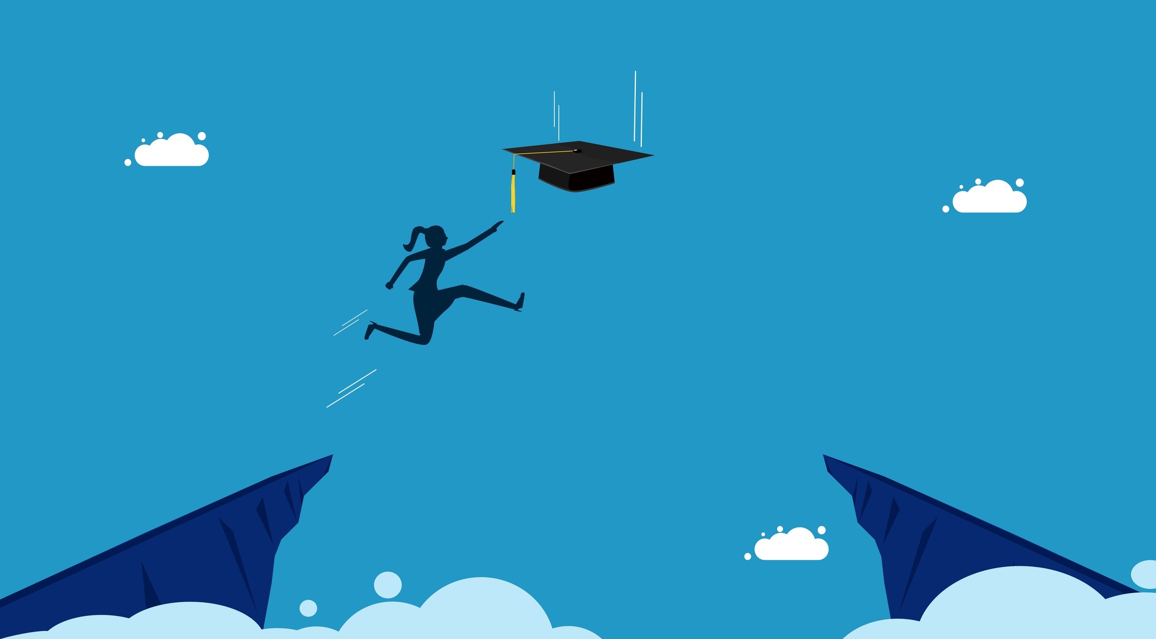 Illustration of a silhouetted student jumping a gap to reach a graduation cap