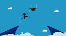 Illustration of a silhouetted student jumping a gap to reach a graduation cap