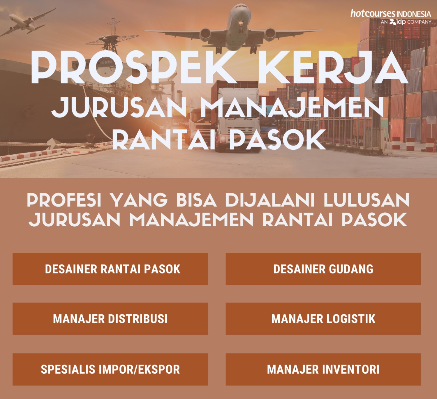 Inforgrafik Beberapa Profesi Yang Bisa Dijalani Lulusan Jurusan Manajemen Rantai Pasok: Desainer Rantai Pasok, Desainer Gudang, Manajer Distribusi, Manajer Logistik, Spesialis Impor/Ekspor, dan Manajer Inventori