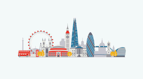 Multi-coloured composite illustration of several London landmarks and icons, including Tower Bridge, the Shard and a red bus