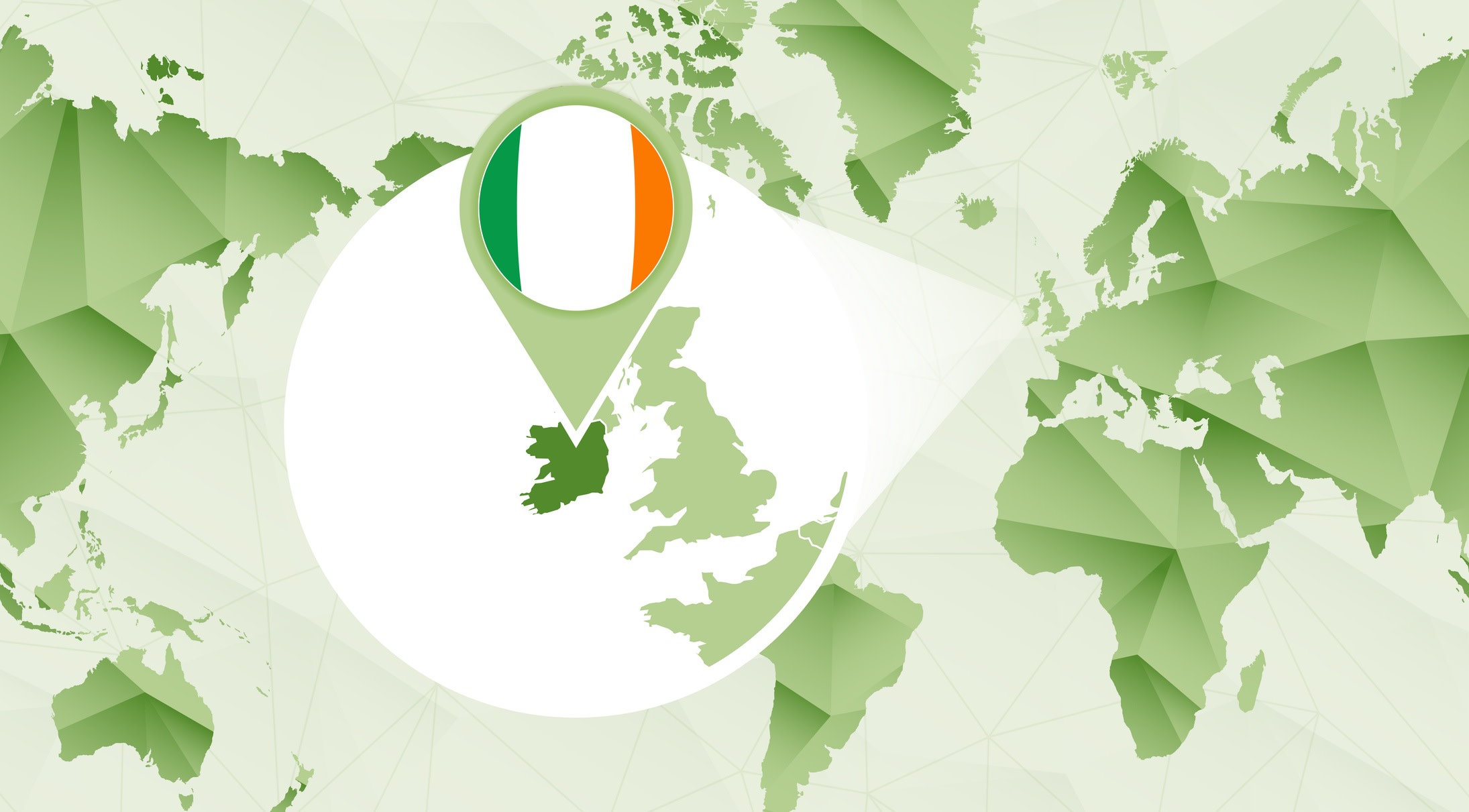 A pin coloured in the green, white and gold of the Irish flag identifies Ireland on a map of the world.
