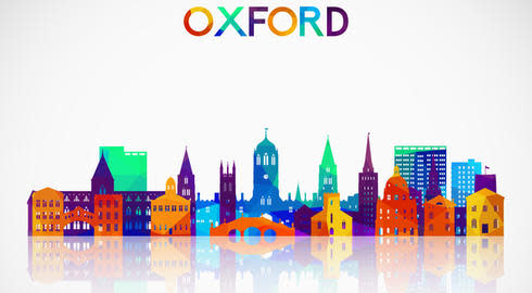 Multi-coloured composite illustration of some of Oxford's historic buildings