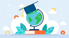 Graphic representing study abroad, with a graduation cap resting on a globe that stands on a book