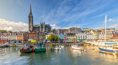 St-Colman's Cathedral and harbour in Cobh, Ireland