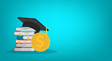 Graphic of a New Zealand dollar coin hanging from a graduation cap beside a stack of books