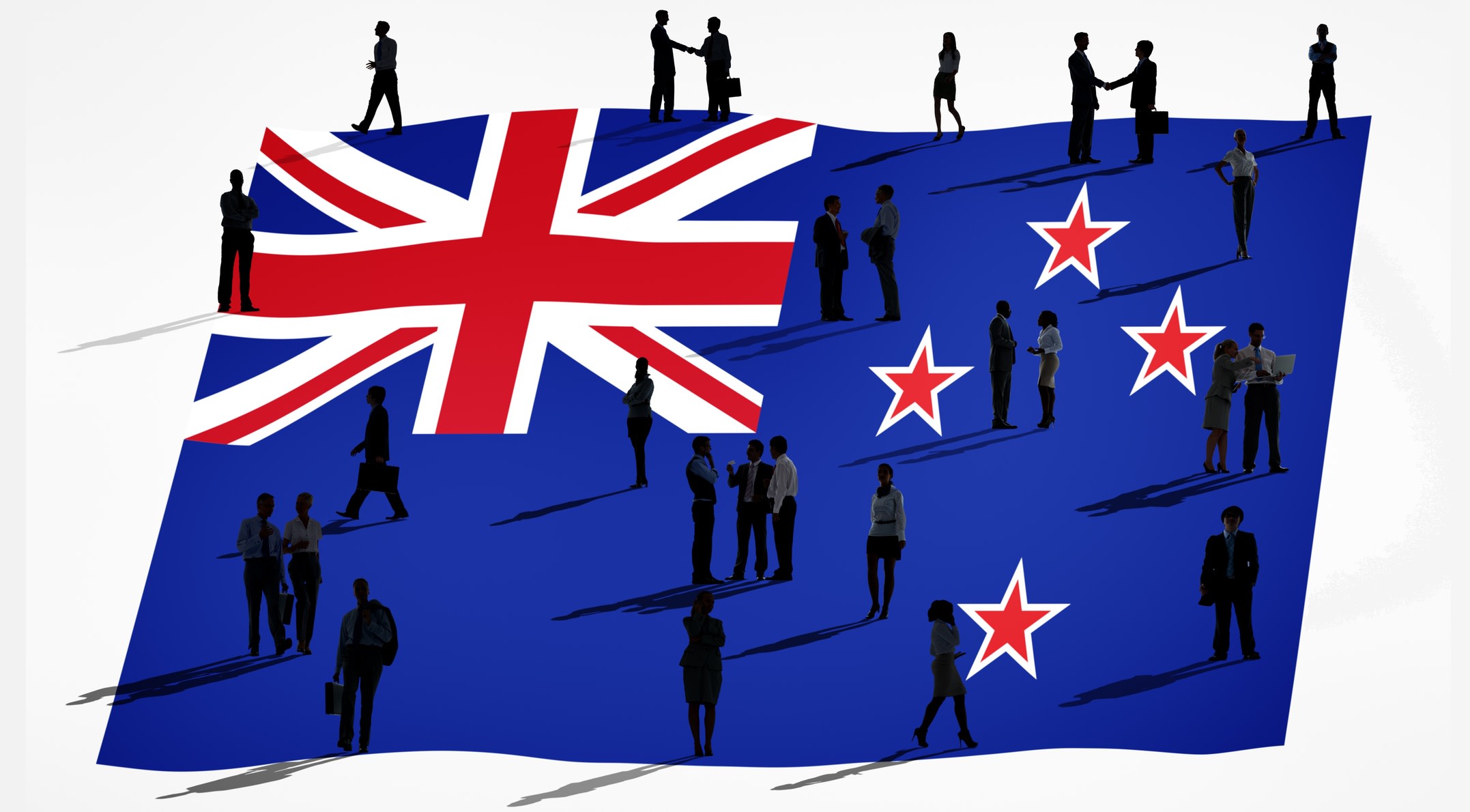 Graphic representing jobs in New Zealand, with many silhouetted people walking, talking and doing business across the country's flag.