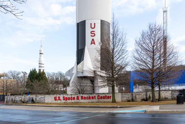 The base of Saturn V rocket mock up at U.S. Space and Rocket Center in Huntsville, Alabama, USA.