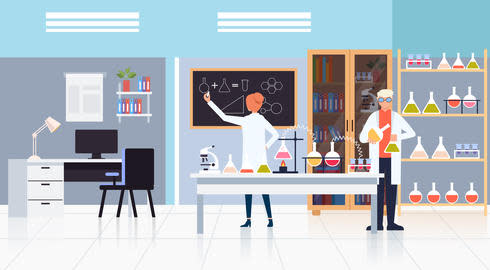 Cartoon of two scientists working in a lab. One is placing chemicals in a test tube, while the other draws on a chalkboard.