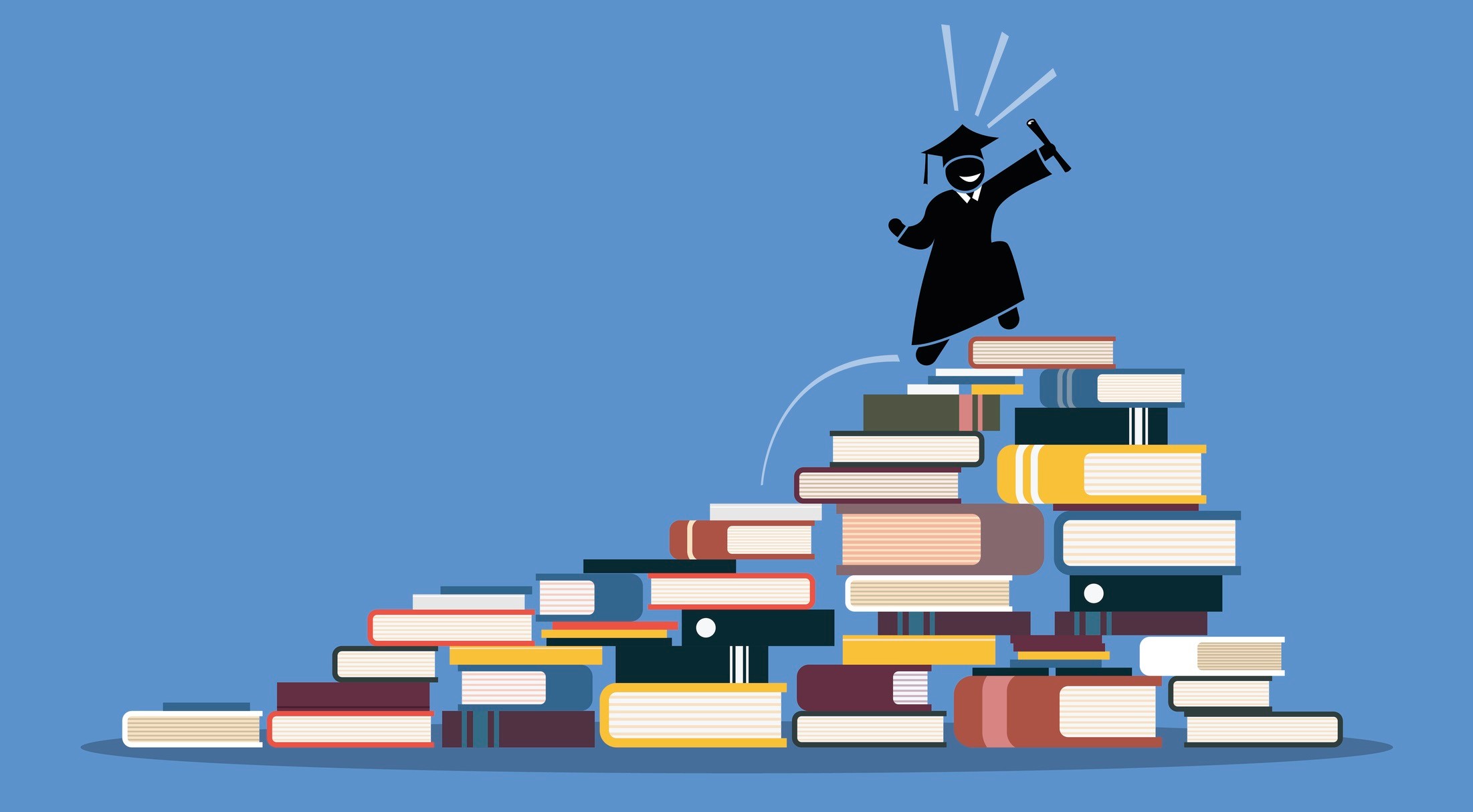 Graphic of a silhouetted graduate jumping for joy with a certificate onto an ascending pile of books.
