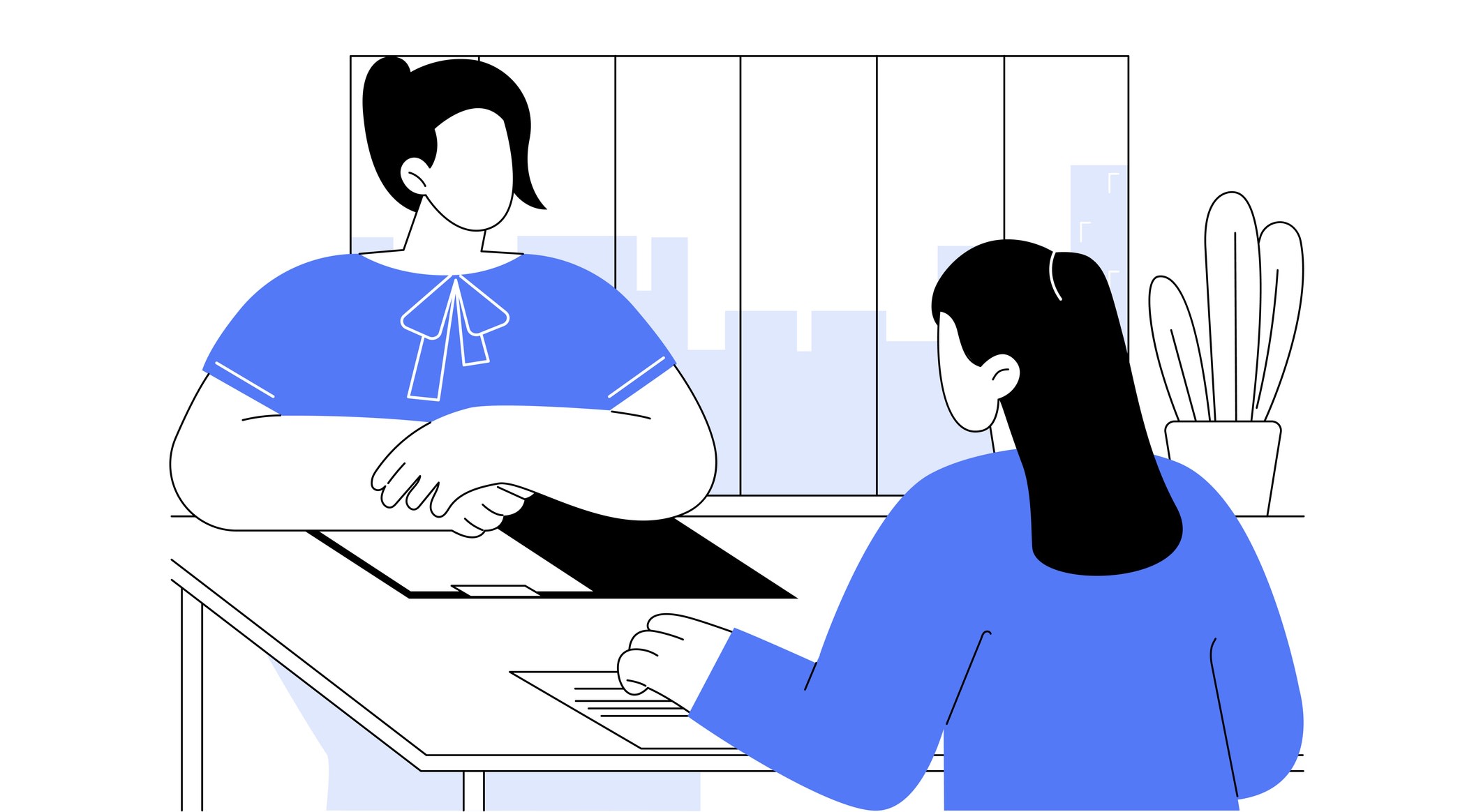 Illustration of a study abroad counselling session. A female student sits at a desk opposite a female education counsellor in the latter's office.