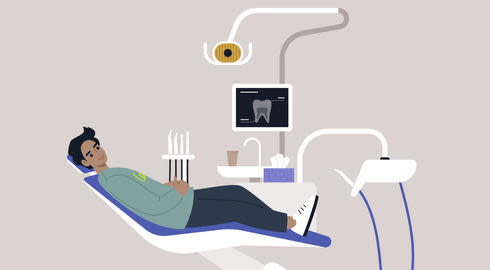 Graphic representing dentistry, in which a young man reclines on a dentist's chair next to a range of dental equipment.