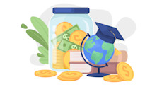 Graphic representing international student scholarships, featuring money, two books, and a globe with a graduation cap on top.