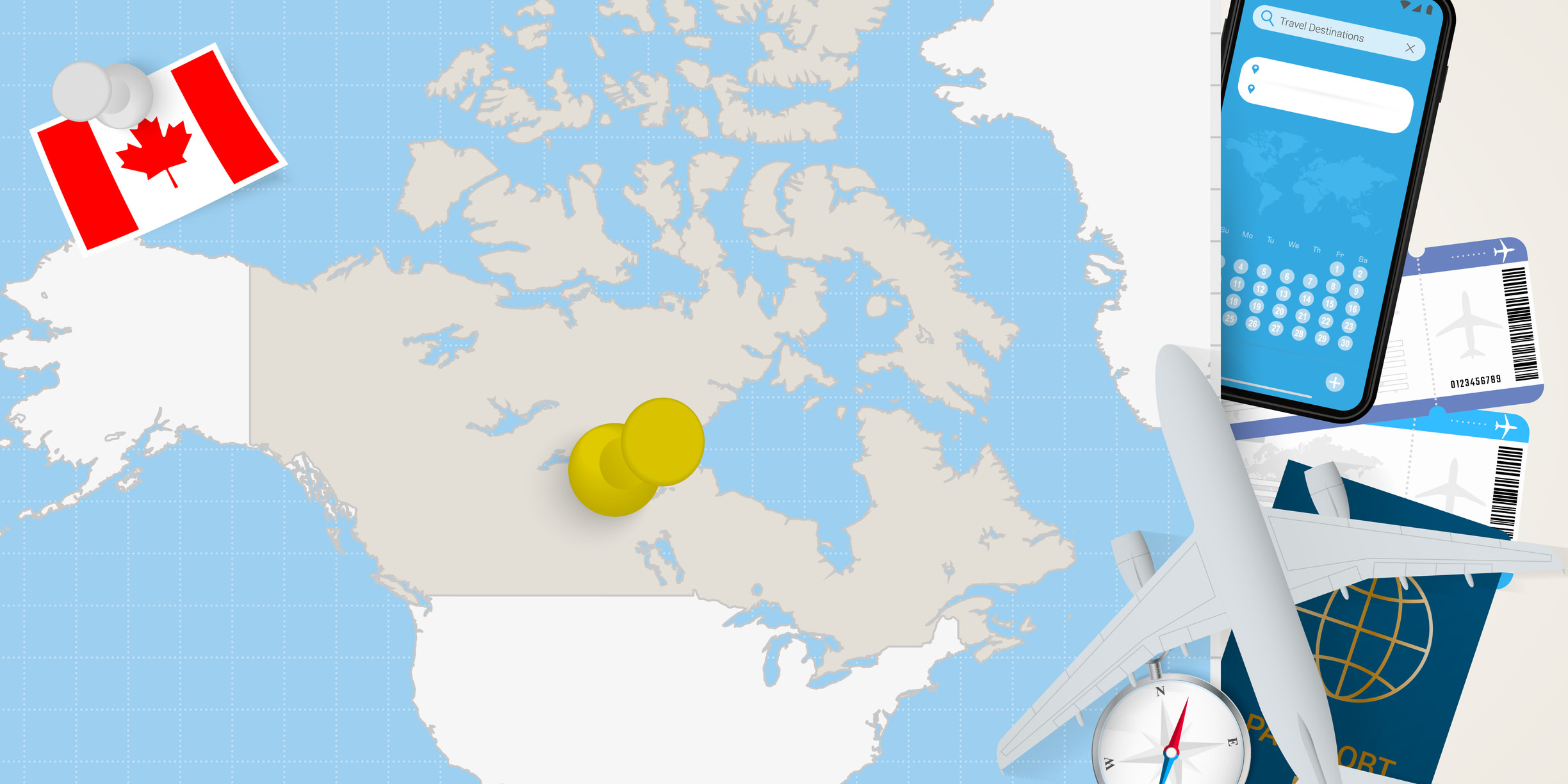 Graphic representing applying for a Canadian student visa, featuring a passport, aeroplane, smartphone and flight tickets, with the flag of Canada pinned on a map.
