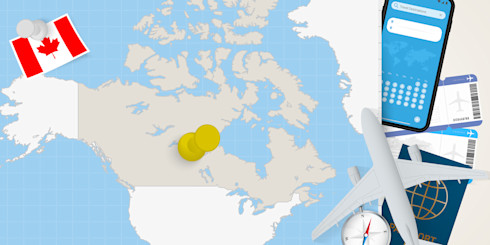 Graphic representing applying for a Canadian student visa, featuring a passport, aeroplane, smartphone and flight tickets, with the flag of Canada pinned on a map.