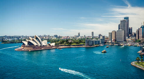Sydney Harbour on a clear day, looking towards Sydney Opera House and nearby buildings