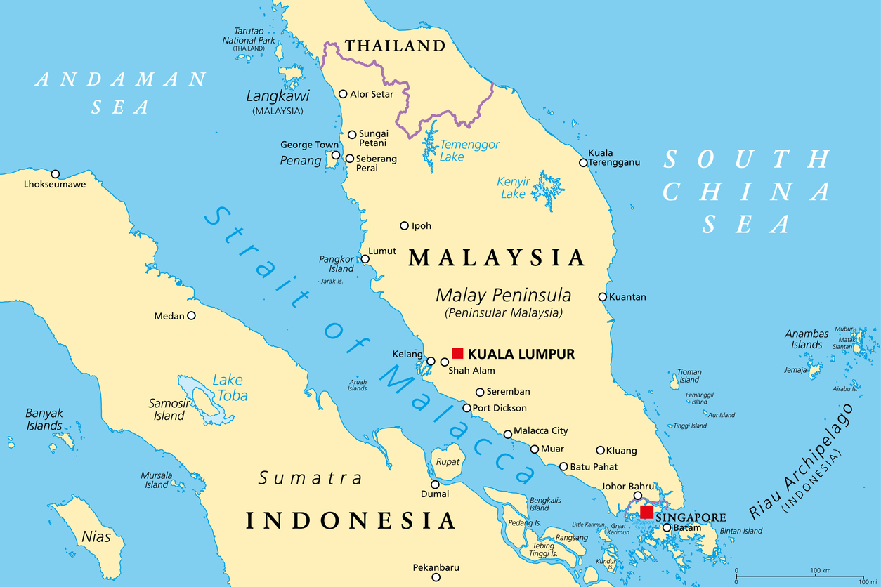 A map of Peninsular Malaysia, highlighting various cities, including Kuala Lumpur