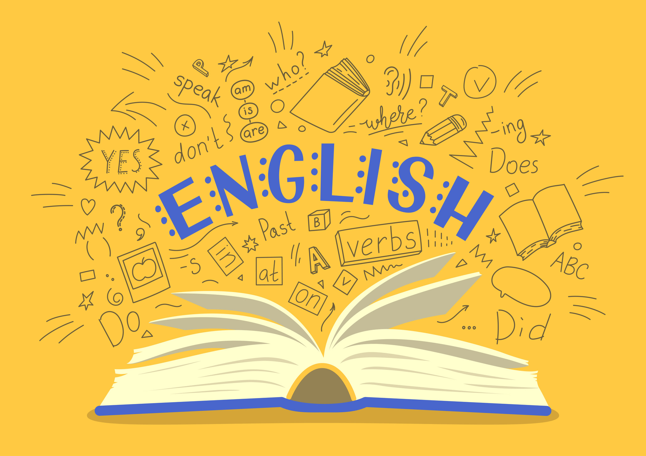 Graphic depicting English learning, with several linguistic terms emerging from an open book around the world 'ENGLISH'.