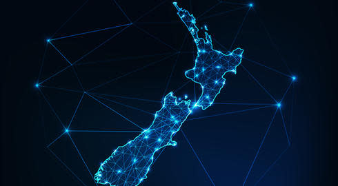 An artistic, electric blue map of New Zealand, with its islands depicted within a prism
