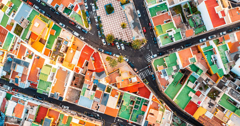 aerial view of colorful rooftops and streets