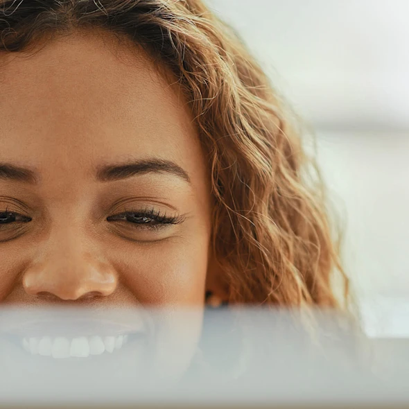 Woman, reading and good news on computer