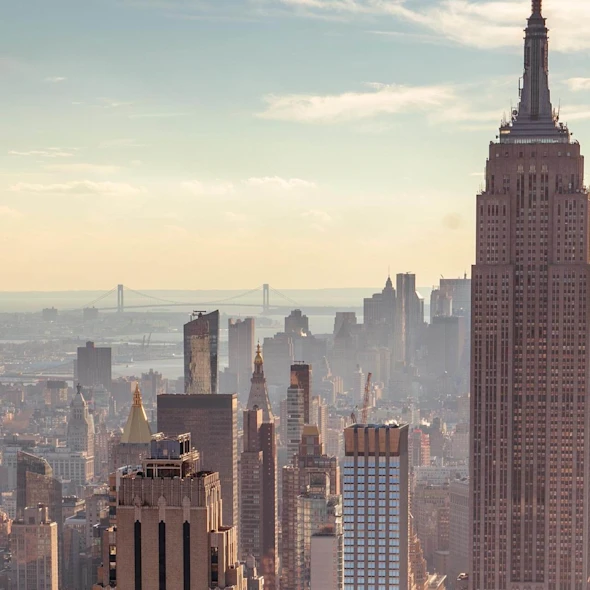 image of city skyscraper tops and pale sky