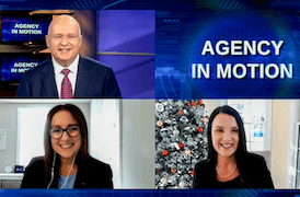 3 people in a grid talking