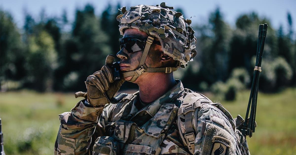 image shows soldier on radio 