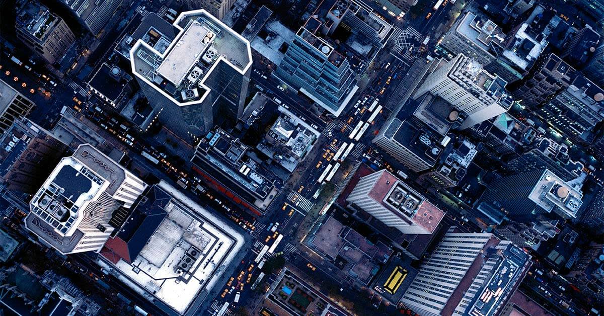aerial view of roofs in city