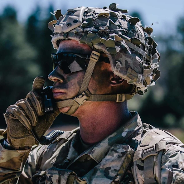 image shows soldier on radio