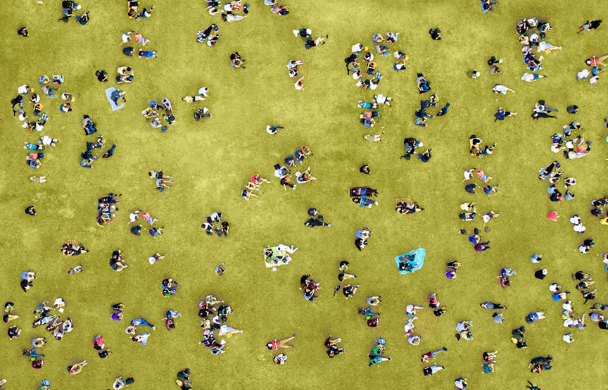 aerial view of people on grass