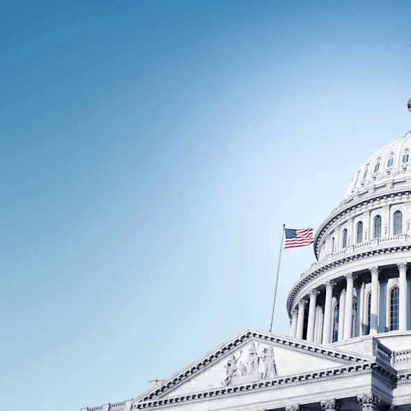 US Capitol with a US flag.